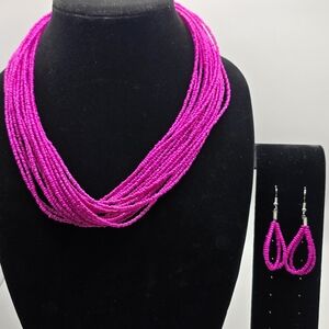 Bright Pink Beaded Necklace and Earring Set